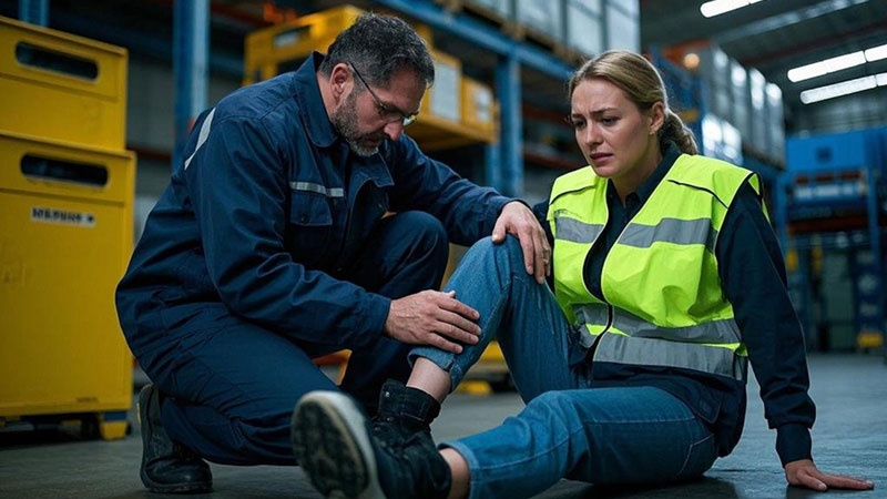 Person injured at work being attended to by a colleague